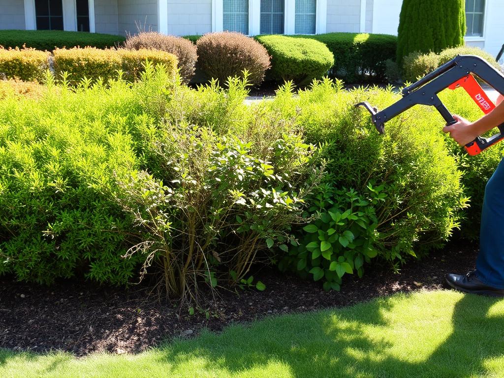 Overgrown bushes and shrubs being removed from a residential landscaping bed
