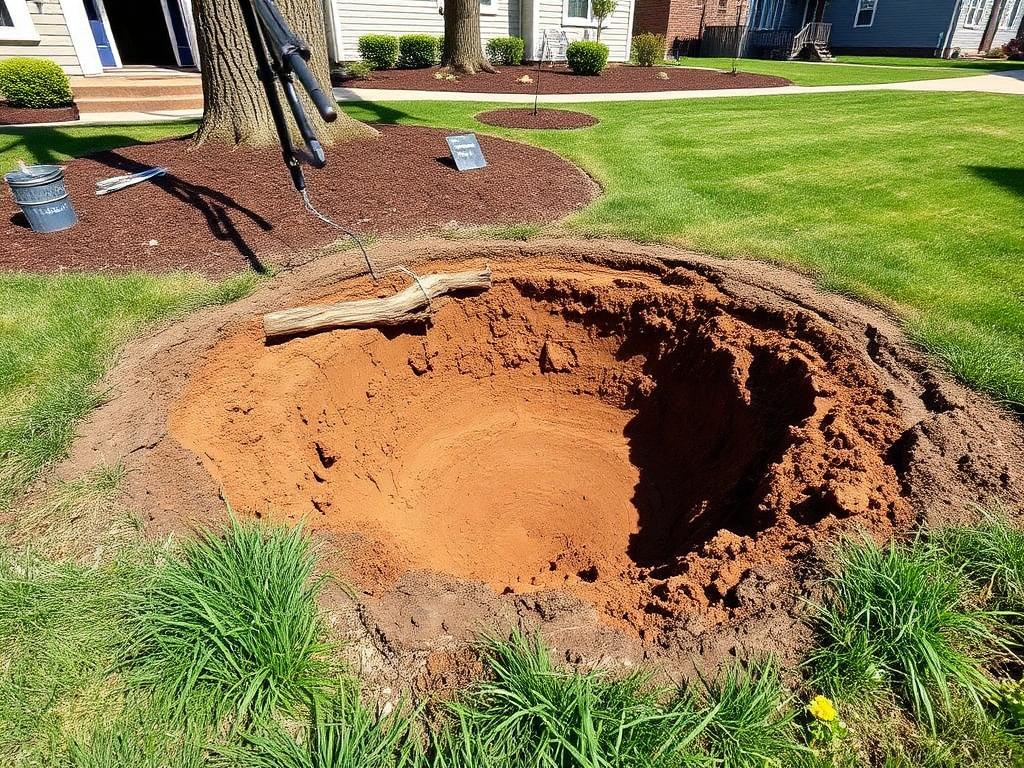 Excavated stump hole after complete stump and root removal