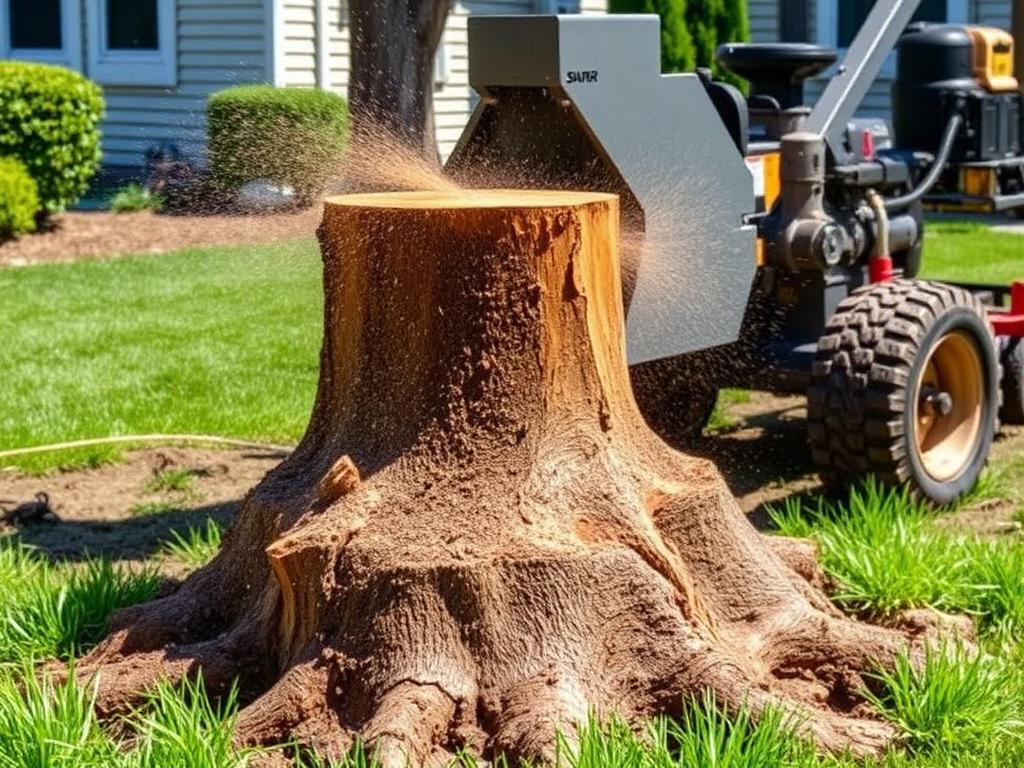 Professional stump grinding in a residential backyard with equipment in action