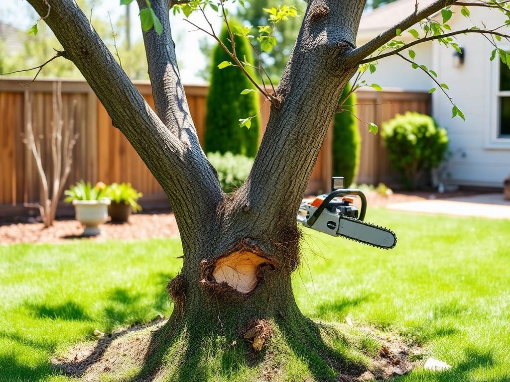 Small tree being safely removed from a residential backyard