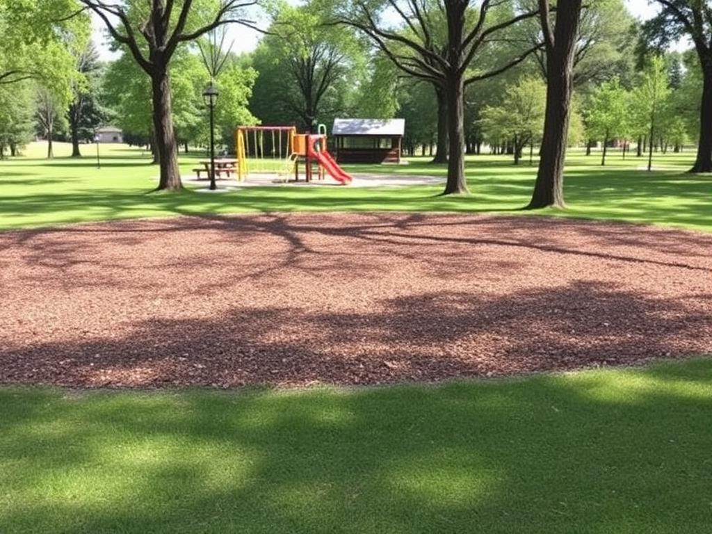 Cleared area at a community park after stump grinding with wood chips on the grass