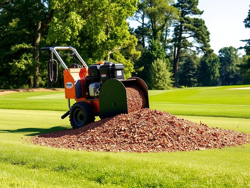 Stump grinder working along a golf course fairway after removing a stump